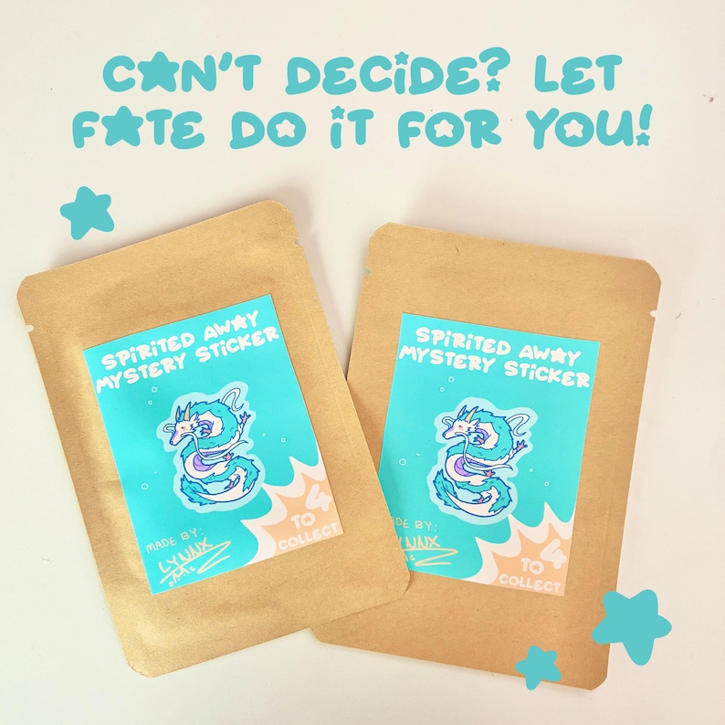 May include: Two brown paper pouches with teal stickers that read "Spirited Away Mystery Sticker." The stickers feature a blue and purple dragon design. Text above reads "Can't decide? Let fate do it for you!" and "Made by Lynaix. To collect."