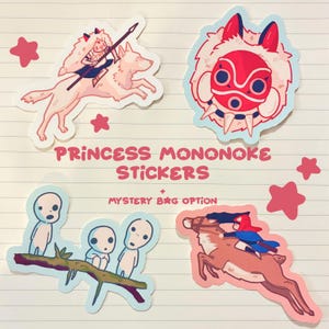 May include: A collection of colorful stickers featuring characters and imagery from Princess Mononoke. The stickers include illustrations of a wolf, a masked figure, forest spirits, and a figure riding a deer. The text "PRINCESS MONONOKE STICKERS" is also visible.
