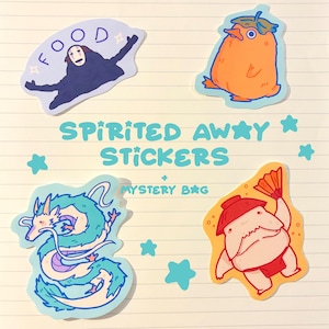 May include: A collection of colorful stickers featuring characters from the animated film "Spirited Away." The stickers include a No-Face character, a bird-like creature, a dragon, and a character with a fan. The text "Spirited Away Stickers" and "Mystery Bag" are also visible.
