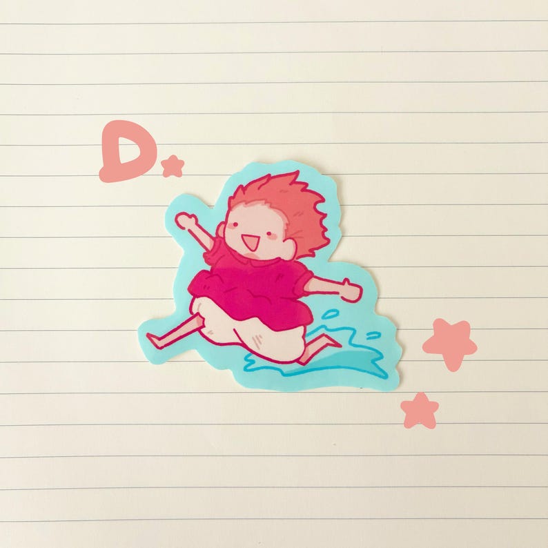 May include: A sticker featuring a cartoon character with spiky red hair and a pink outfit, mid-stride in a blue water-like shape. The letter "D" and three pink stars are also present.