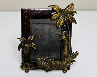 Ashleigh Manor Footed Brass Enameled Tropical Palm Giraffe Motif Picture Frame; Holds 2.5x3.5” Photo