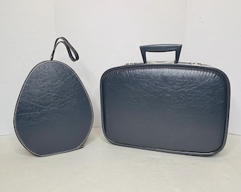 Vintage 60’s National Blue Luggage Set Train Case & Small Suitcase Hard Shell Leather Matching