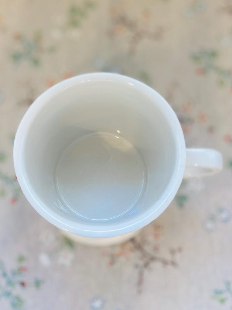 Puede incluir: Vista superior de una taza de cer&aacute;mica blanca con asa. La taza est&aacute; vac&iacute;a y limpia, con un acabado liso y brillante. El interior es de color azul claro. La taza est&aacute; sobre un fondo con estampado floral.