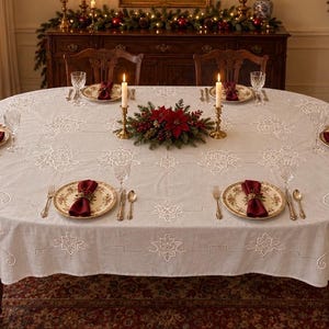 White Embroidered Oval Floral Eyelet Oblong Tablecloth 101” Long x 67” Wide - Cottagecore Dining Decor - Christmas Holiday Dining Farmhouse