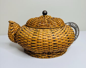 Vintage Woven Wicker Teapot Basket w/ Metal Grapevine Accents 14”