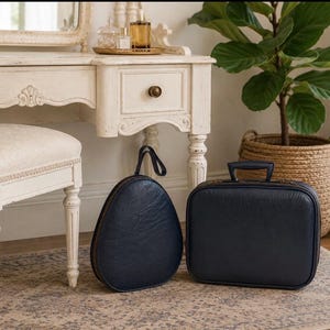 Vintage 60’s National Blue Luggage Set Train Case & Small Suitcase Hard Shell Leather Matching