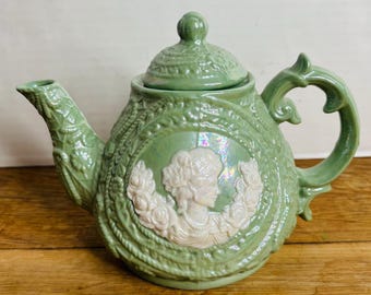 Vintage Teapot: Green Opalescent Lusterware; Victorian Style w/ Cameo