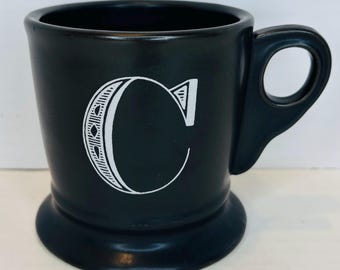 Anthropologie Noir Monogram Letter C Mug Cup Coffee Black Shaving Stoneware, 12 fl oz