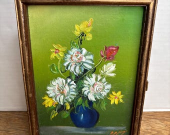 Vintage 70’s Signed Floral Oil Painting Key Holder Box or Jewelry Organizer Wall Mounted
