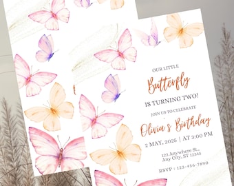 Butterfly Birthday Invitation, Editable Pink Watercolor (Digital Invitation)