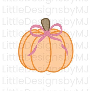 May include: A digital illustration of a pumpkin with a light orange body, brown stem, and a pink bow. The pumpkin has vertical lines to indicate sections. The text "Little Designs by MJ" is repeated in the background.