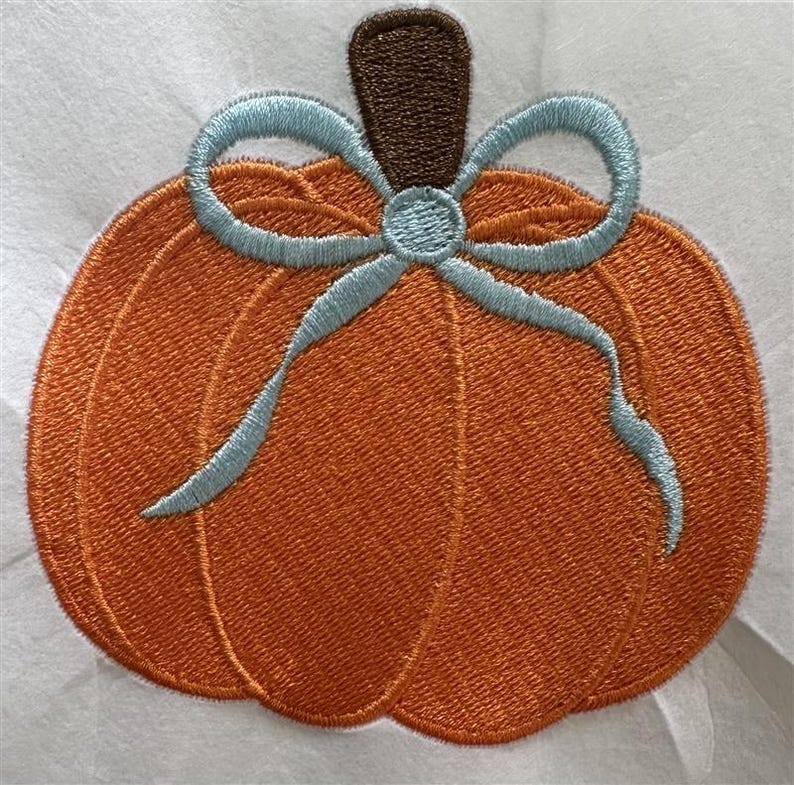 Puede incluir: Calabaza naranja bordada con un lazo azul claro y un tallo marr&oacute;n. La calabaza es un dise&ntilde;o con tem&aacute;tica oto&ntilde;al, perfecto para manualidades y decoraciones de temporada. El bordado es detallado y texturizado.