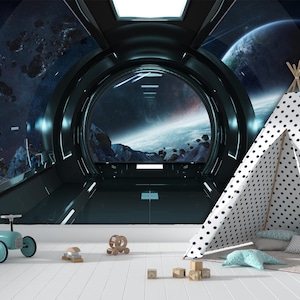 Peel and Stick Space View Wallpaper: Spaceship Window Kids Room Wall Decor