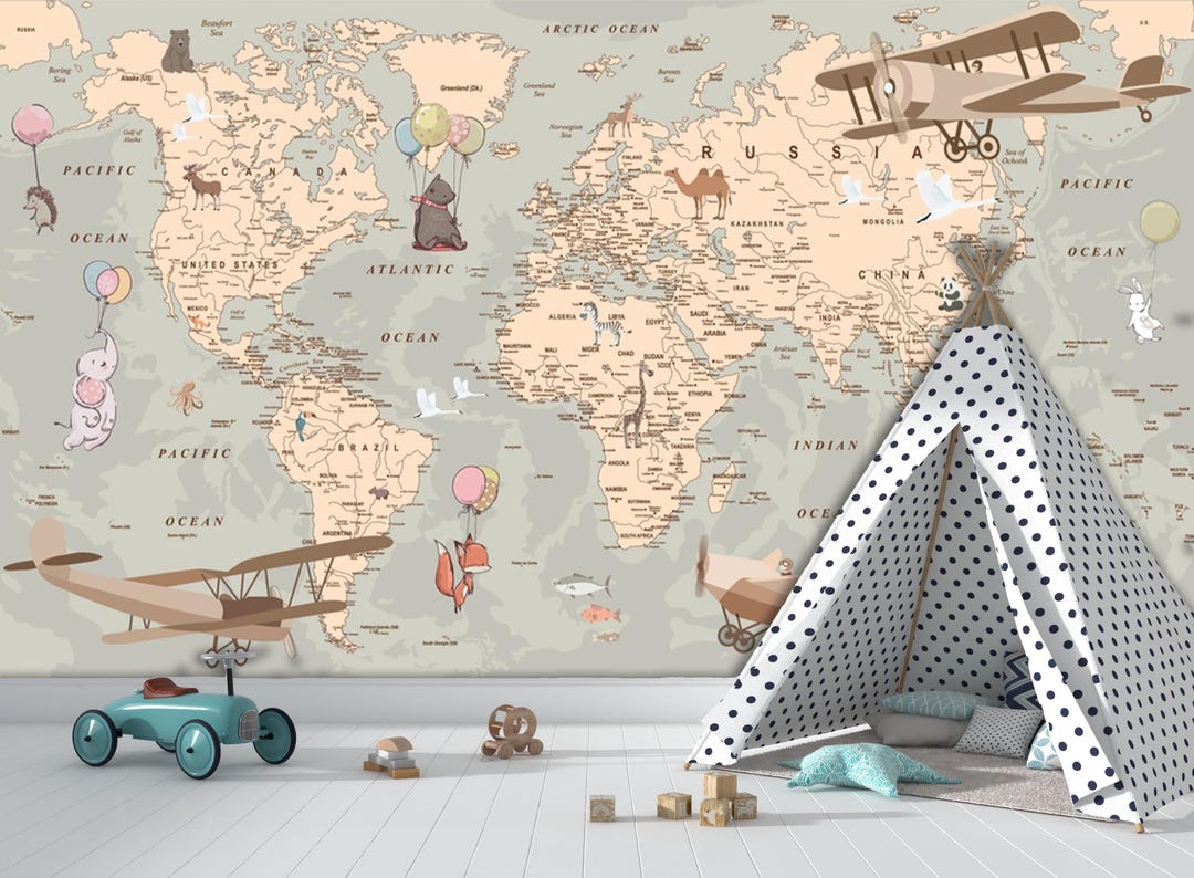Animal World Map Wallpaper: Peel & Stick Kids Room Desing - Etsy