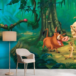 Mural de papel tapiz de animales de la selva: El Rey León, decoración para habitación infantil