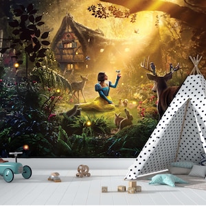 Bosque mágico de cuento de hadas por la noche / Papel tapiz fotomural con impresión artística / Papel tapiz despegable y adhesivo / Papel tapiz para habitación de bebé / Habitación infantil