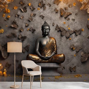 Golden Buddha Wallpaper Peel and Stick:Buddha Sculpture Living Room Wallpaper