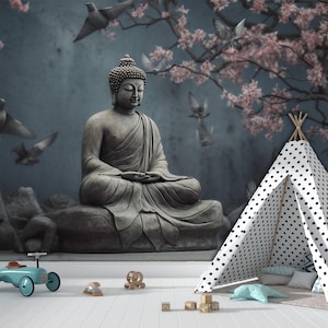 Meditation Buddha Wallpaper Peel and Stick:Buddha Sculpture Living Room Wallpaper