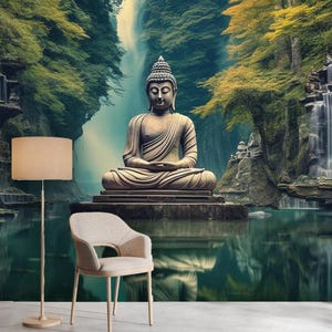 Buddha Wallpaper Peel and Stick:Buddha Sculpture Living Room Wallpaper