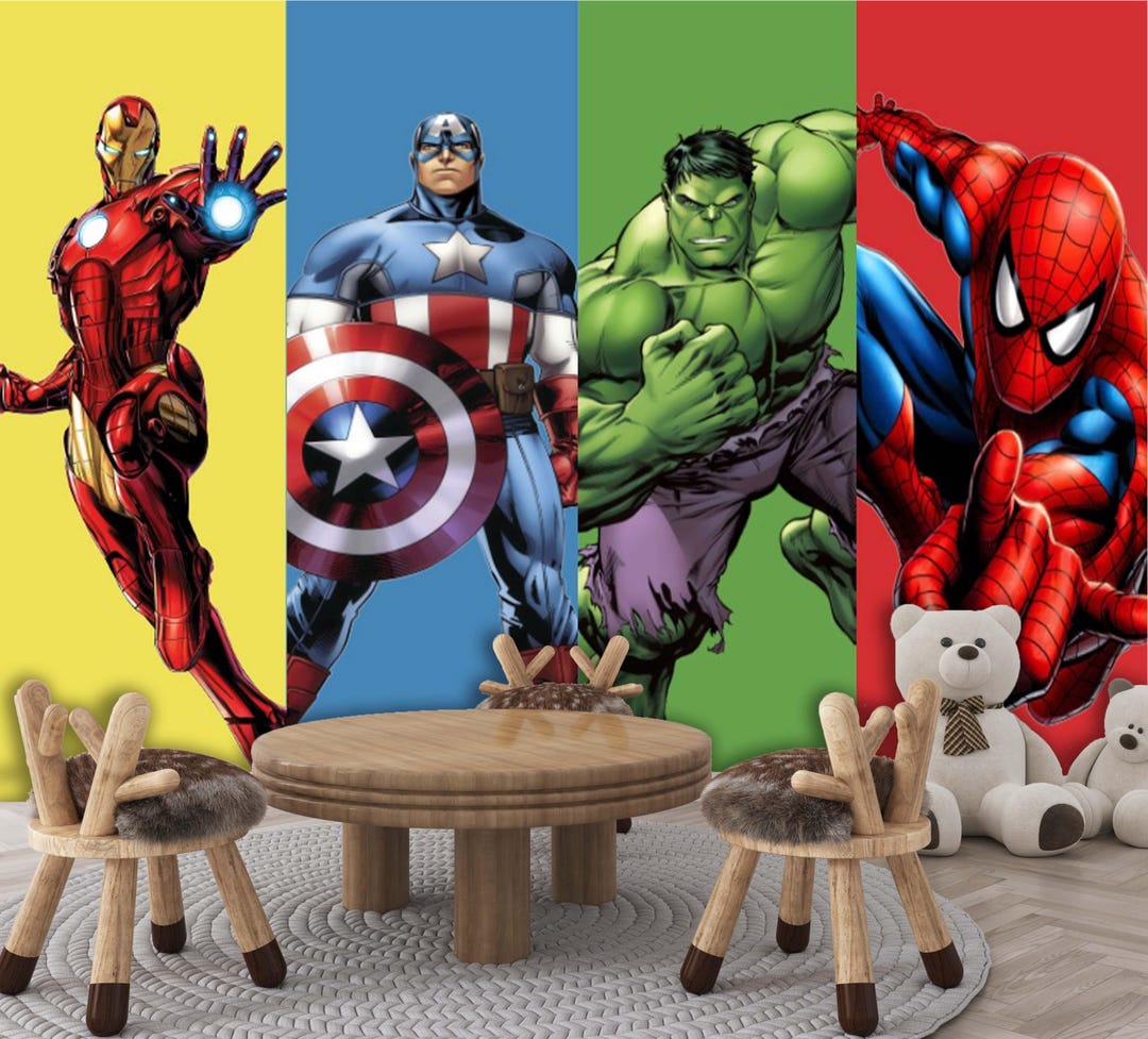 Avengers Wallpaper Mural: Superheroes Kids Room Decor, Peel & Stick or ...