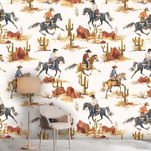 Rustic Cowboy Peel and Stick Wallpaper Mural: Western Kids Room Decor