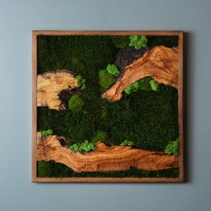 Custom Moss and Olive Wood Wall Art, Preserved Moss with Square Wooden Frame, Modern Home Decor, Wall Hanging, Gift for Mother