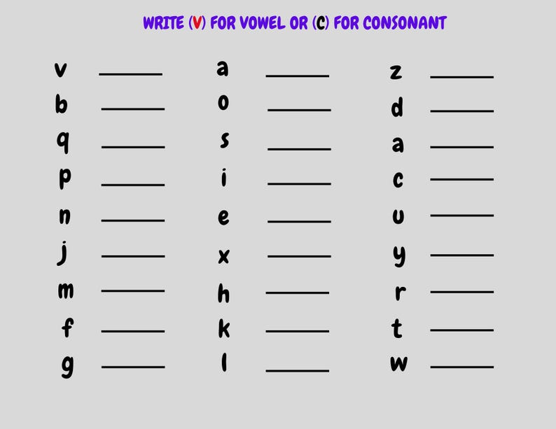 Vowel-consonant Chart and Worksheets Pre-k to Grade 3 - Etsy