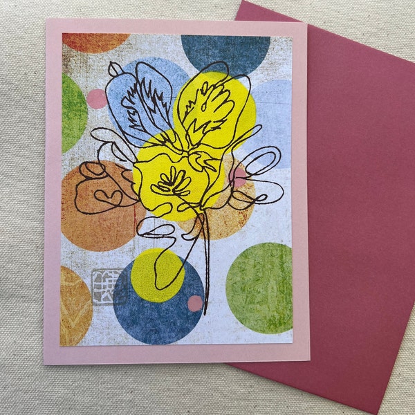 Hand printed Flower Note card 5.5 x 4.25 with envelope Polka Dots Vintage pink