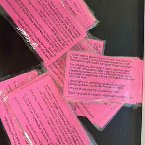 Può includere: Un gruppo di biglietti rosa in buste di plastica, con testo in inglese e spagnolo. I biglietti forniscono informazioni sui diritti costituzionali, tra cui il diritto al silenzio e a un avvocato.