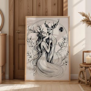 Mystical Boho Wall Art: Woman and Deer Line Drawing Print&quot;