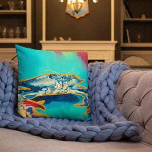 Painted Crab Pillow – Bold Crab Art Throw Pillow for Coastal, Nautical & Eclectic Decor | Vibrant Animal Design Cushion