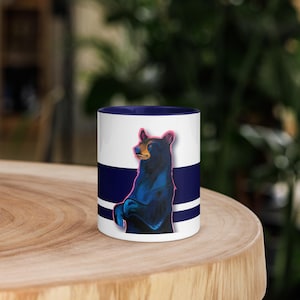 Black Bear Mug 11oz – Neon Wildlife Art Coffee Cup – Blue Ceramic Mug Gift – Nature Lover Decor – Standing Bear Animal Art Mug