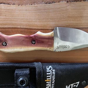 May include: A fixed-blade knife with a polished silver-tone titanium blade and a contoured handle made of reddish-brown wood with visible grain. The blade is stamped with the text Camillus Titanium. A black nylon sheath with the text Camillus Titanium HT-7.