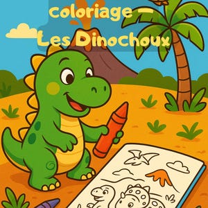 May include: A children's coloring book titled "Mon cahier de coloriage Les Dinochoux." The cover features a cartoon green dinosaur holding a red crayon, with a partially colored drawing of dinosaurs. The background includes a volcano, palm tree, and other dinosaurs.
