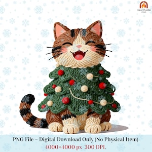 Knitted Cat Christmas Tree PNG, Ugly Sweater Sublimation, Funny Tabby Costume Clipart, Crochet Texture Design for Shirt Card