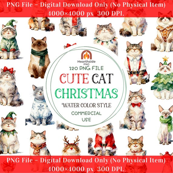 水彩画のクリスマス猫のクリップアートバンドル：ホリデーPNG