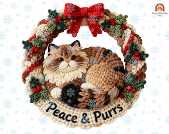 Christmas Cat Wreath PNG, Crochet Ragdoll Clipart, Peace and Purrs Sublimation, Round Sign Door Hanger, Knit Texture Design