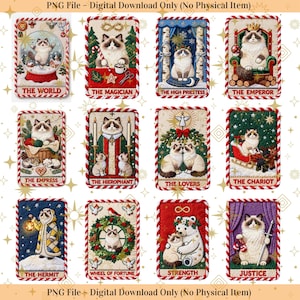 Puede incluir: Una colección de doce diseños de cartas del tarot con un gato esponjoso en varias escenas. Cada carta tiene un borde decorativo y un título, como "El Mundo" y "El Mago". Las cartas tienen un tema festivo y navideño.