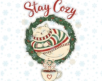 Retro Christmas Cat PNG: Stay Cozy Wreath, Cocoa Sublimation (Digital Download)