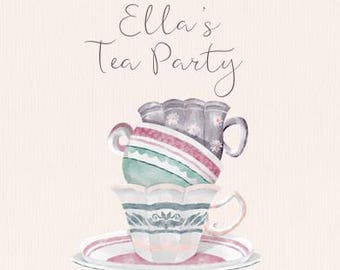 Plantilla de invitación para fiesta de té, invitación de cumpleaños para fiesta de té de niñas, invitación con tazas de té florales, invitación de fiesta imprimible
