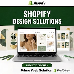 Può includere: Un laptop mostra un sito web di gioielli. Lo schermo mostra la parola "Lumière" e immagini di gioielli. Il testo "Shopify Design Solutions" è in alto. Il logo Shopify è in alto a sinistra. Il testo "Inbox to Discuss" è in basso.