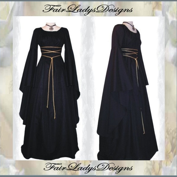 Sale ~ Medieval/Renaissance Black Trumpet Sleeve Costume Gown, Custom made to order in your color.