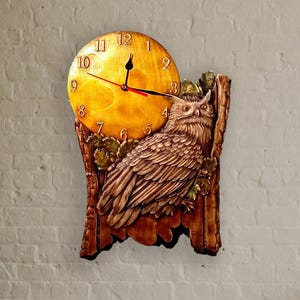 Unique Wooden Owl Wall Clock – Rustic Handmade Wood Clock, Carved Owl Decor, Nature Inspired Wall Art, Wildlife Gift, Cabin Lodge Decor
