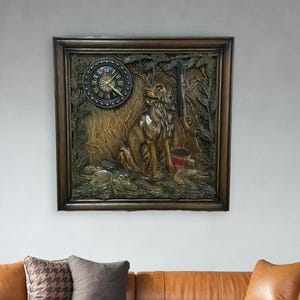 Handmade Wooden Hunting Wall Clock with Dog: Rustic Cabin Decor
