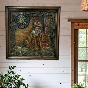 Hunting Wall Clock Rustic Cabin Decor – Carved Dog Design Handmade Wooden Lodge Wall Art Woodland Farmhouse Style Man Cave Gift