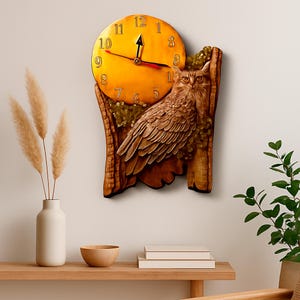 Hand-Carved Wooden Owl Wall Clock – Rustic Nature-Inspired Bird Decor, Eagle Owl Clock, Unique Forest Animal Wood Art, Wildlife Gift