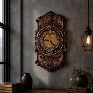 Könnte beinhalten: Verzierte, braune Wanduhr mit rundem Zifferblatt und römischen Ziffern. Die Uhr hat einen dekorativen, geschnitzten Holzrahmen mit floralen und Rankenmustern. Die Uhr hängt an einer grauen Wand, mit einer dunklen Lampe und einer Pflanze im Hintergrund.