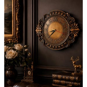 May include: A round wall clock with a dark bronze finish and ornate, scrolling edges. The clock face features a textured gold centre, black Roman numerals, and three thin hands, including a red second hand, set against a dark wall.
