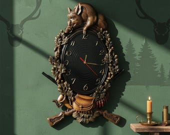 Wild Boar Carved Wood Wall Clock, Hunting Lodge Decor, Rustic Forest Cabin Art