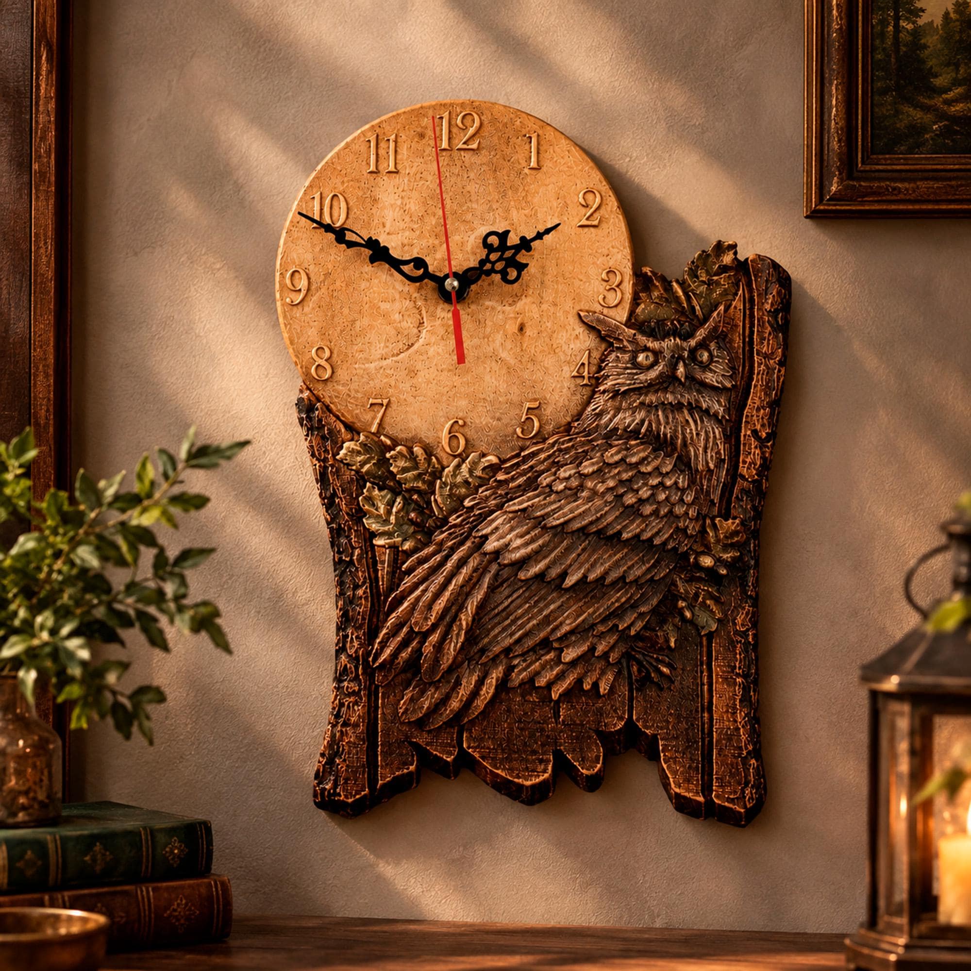 Carved Wood Owl Wall Clock, Forest Woodland Decor, Wildlife Wall Art, Rustic Cabin Lodge Decor, Bird